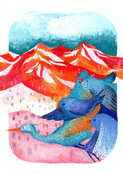 Vol d'oiseaux color&eacute;s au-dessus des montagnes